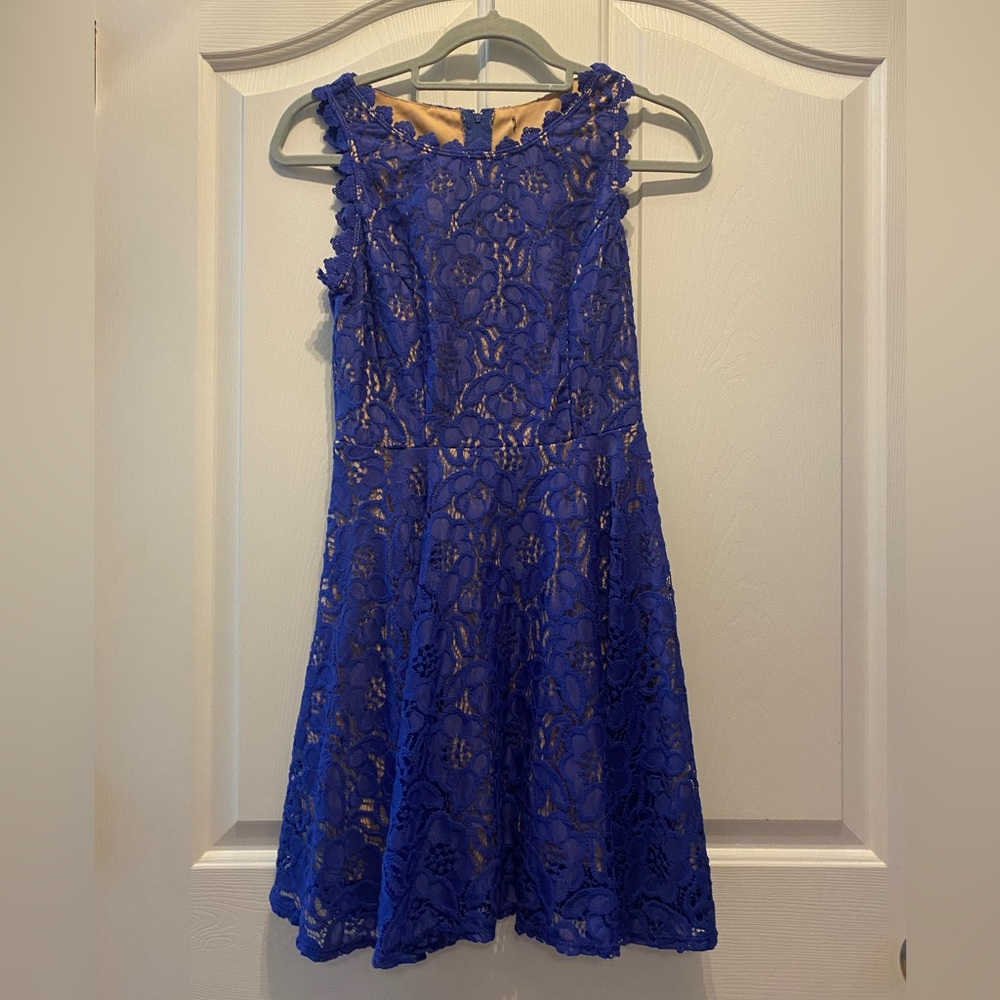 Tan dress with blue lace overlay